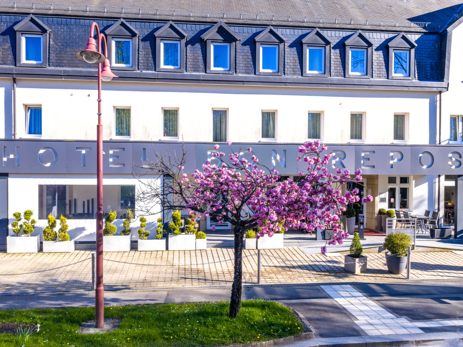 L'hôtel au printemps — cerisiers en fleurs